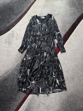 POM Amsterdam Black Artsy Print MIDI Long Sleeve Dress